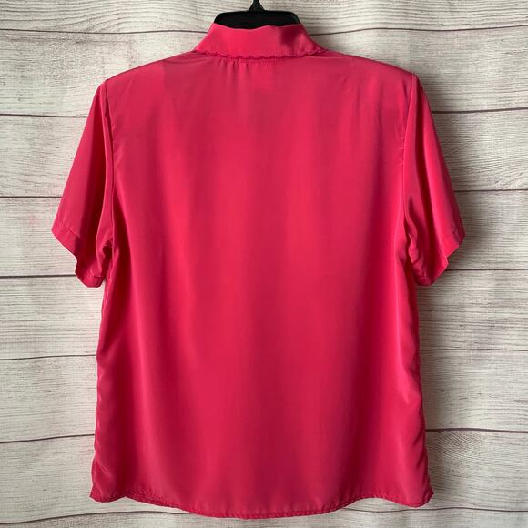 Vintage La Blouse Pink Silky Blouse Button Up Short Sleeves Shoulder Pads 12 - Picture 5 of 11